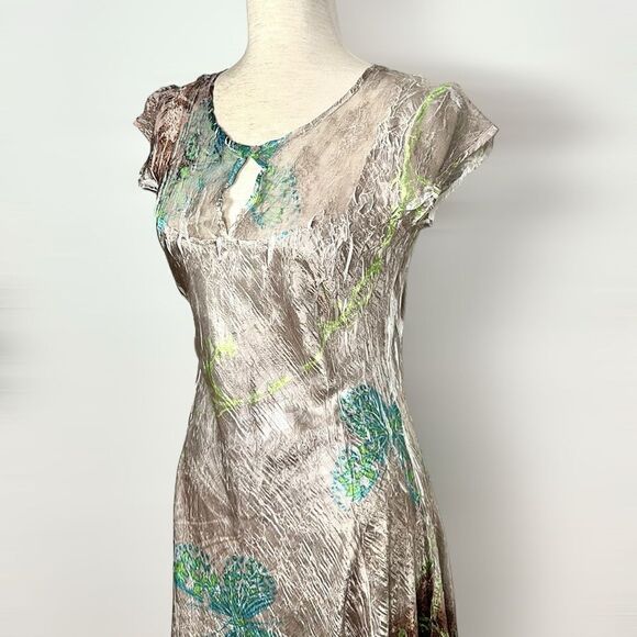 Komarov Signature Crinkle Shiny Dress Butterfly Print Fit & Flare Cap Sleeves L - Picture 2 of 15